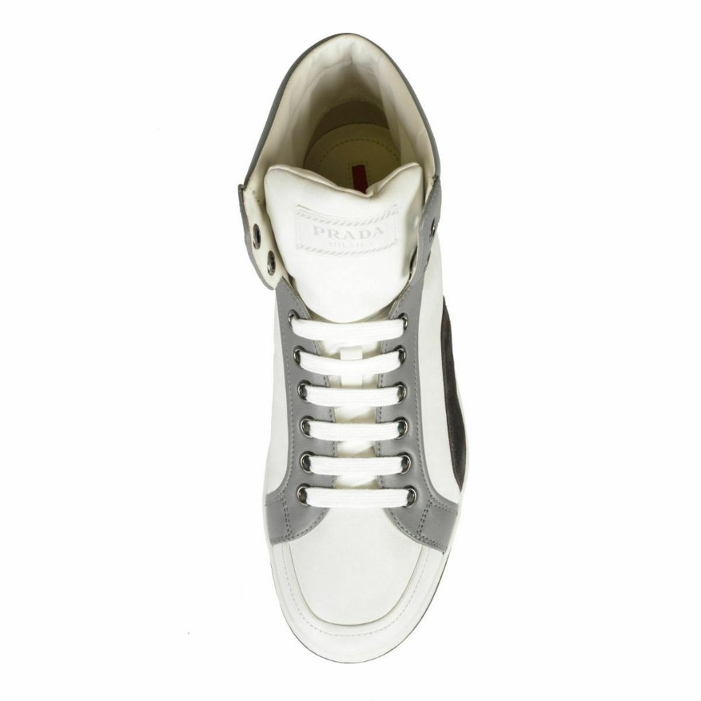Prada Leather White Hi Top Fashion Sneakers Shoes - Picture 7 of 8